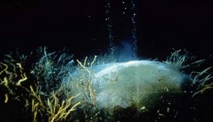 Bloc d'Hydrate de méthane en train de se dissocier en eau et en gaz 