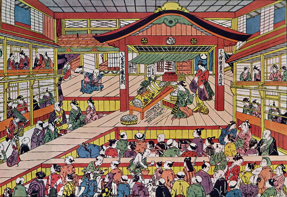 Okumura Masanobu, shibai uki e 芝居浮絵 (estampe en perspective d’une pièce de théâtre), lieu: Théâtre Kabuki Ichimura za 歌舞伎市村座, vers 1741-1744