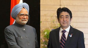 À gauche Manmohan Singh et à droite Shinzo Abe