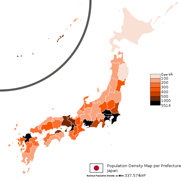 Carte de la population japonaise par préfecture au kilomètre carré 