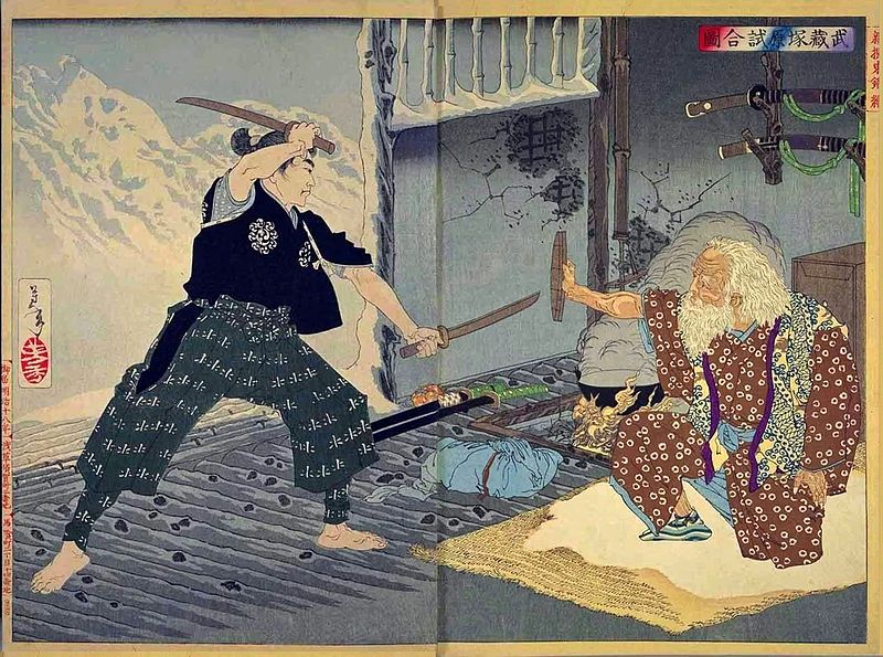 Un ukiyo-e représentant Miyamoto Musashi et Tsukahara Bokuden - Tsukioka Yoshitoshi (1839–1892) 