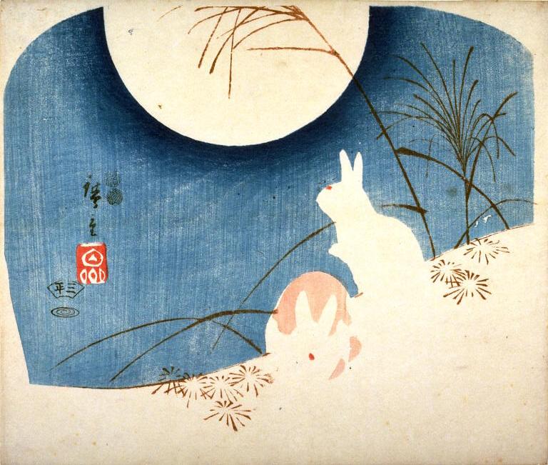 Deux lapins, l'herbe des pampas et la pleine Lune, estampe de Hiroshige