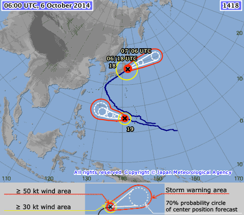 l'évolution des typhons 18 et 19 (© Japan Meteorological Agency website)