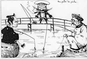 Lutte entre la Russie, la Chine et le Japon pour la Corée : Une partie de pêche. Dessin de Georges Ferdinand Bigot, paru dans Tôbaé, no 1, 1887