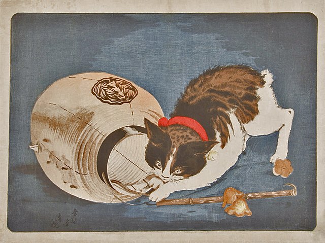 estampe d'un chat et d'une lanterne style ukiyo-e